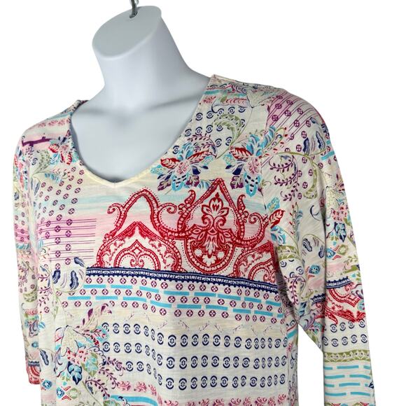 Chicos Top Womens 2 / US Large Multicolor Printed V-neck Relaxed 3/4 Sleeve - Picture 5 of 15